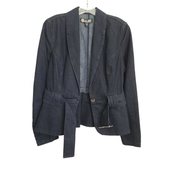 A-Line Dark Wash Belted Denim Blazer Jacket Women's Size Small - Picture 5 of 12